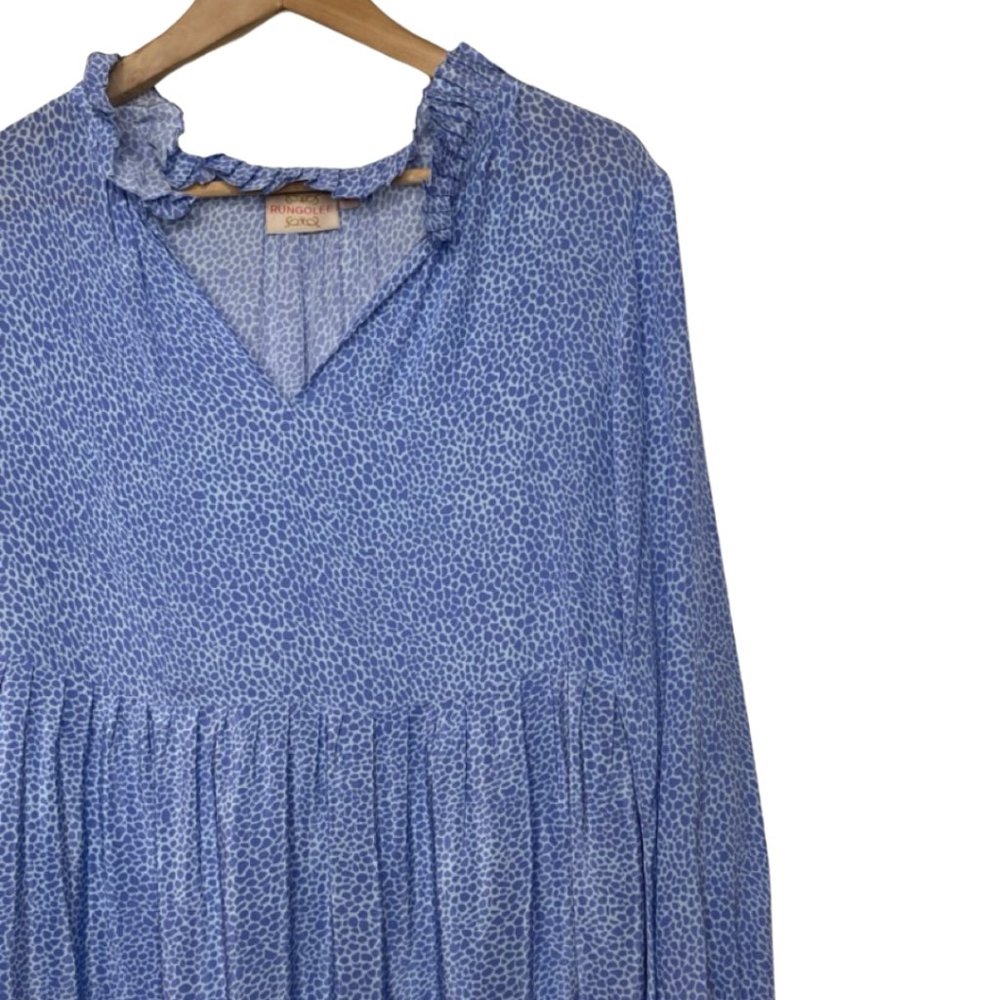 RUNGOLEE | Long Sleeve Light Blue Peasant Dress Ruffled Leopard Print | Size S - Picture 2 of 12